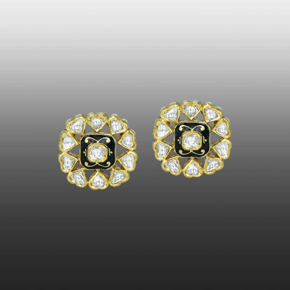 Polki Stud Earrings with Black Enamel and Teardrop Halo